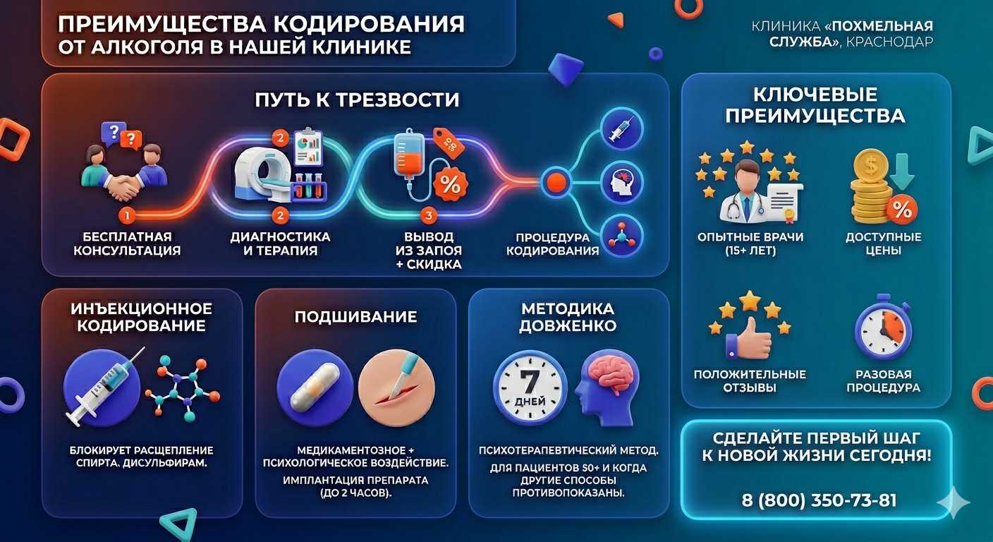 Инфографика о методах кодирования от алкоголя в Мурмашах: инъекции, подшивание, метод Довженко. Преимущества клиники и этапы лечения.
